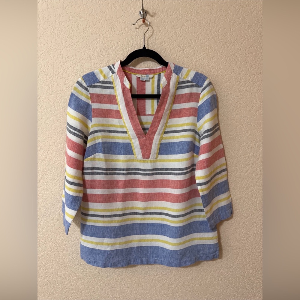 BODEN 100% Linen V-neck Pastel Striped Blouse Top Sz 6 Nautical Coastal Beach‎